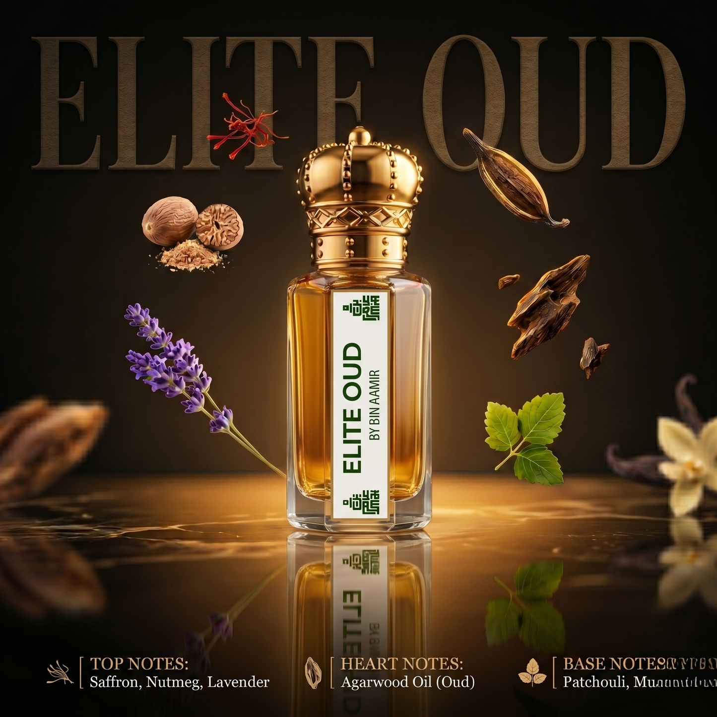 Elite Oud premium 6ml fragrance for men, concentrated luxury attar perfume oil.