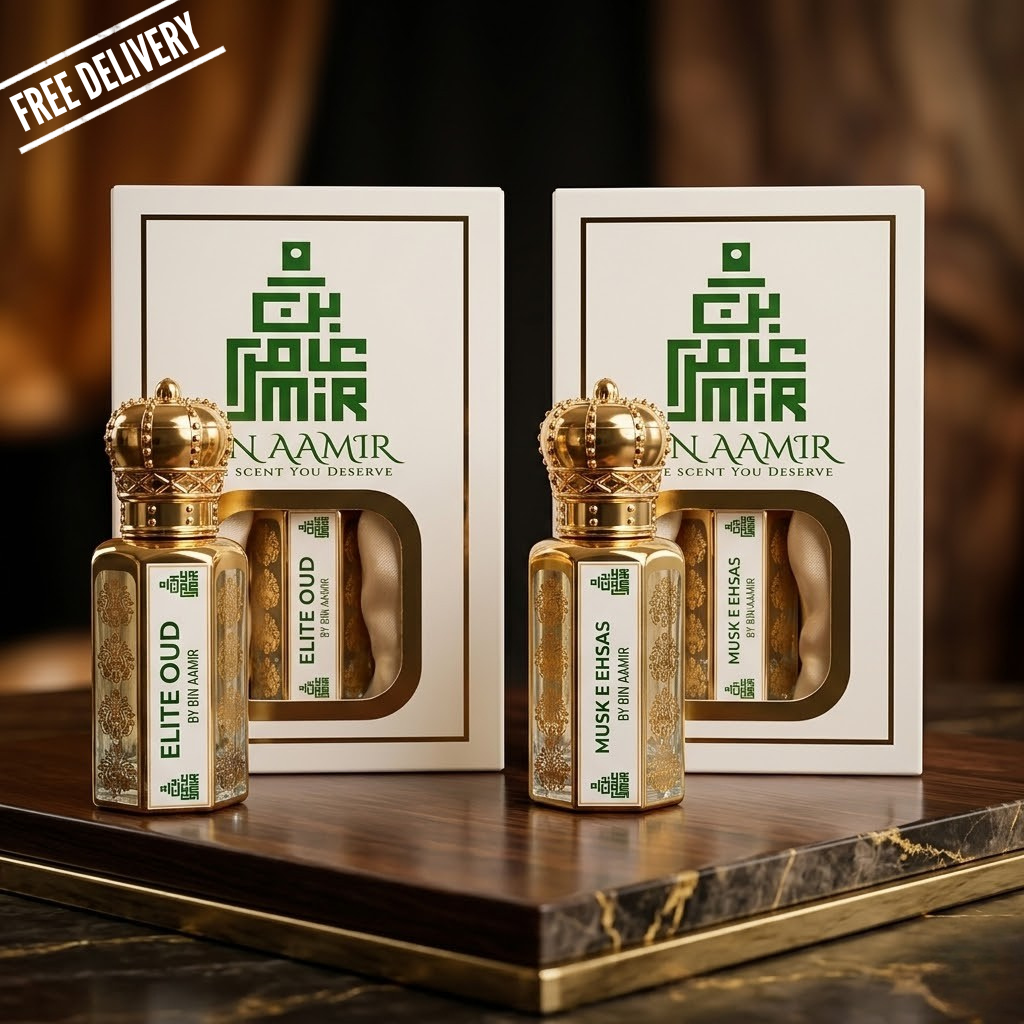 Bin Aamir 12ml duo deal featuring Elite Oud and Musk e Ehsas premium attars.