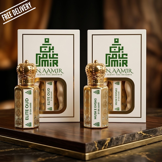 Bin Aamir 12ml duo deal featuring Elite Oud and Musk e Ehsas premium attars.