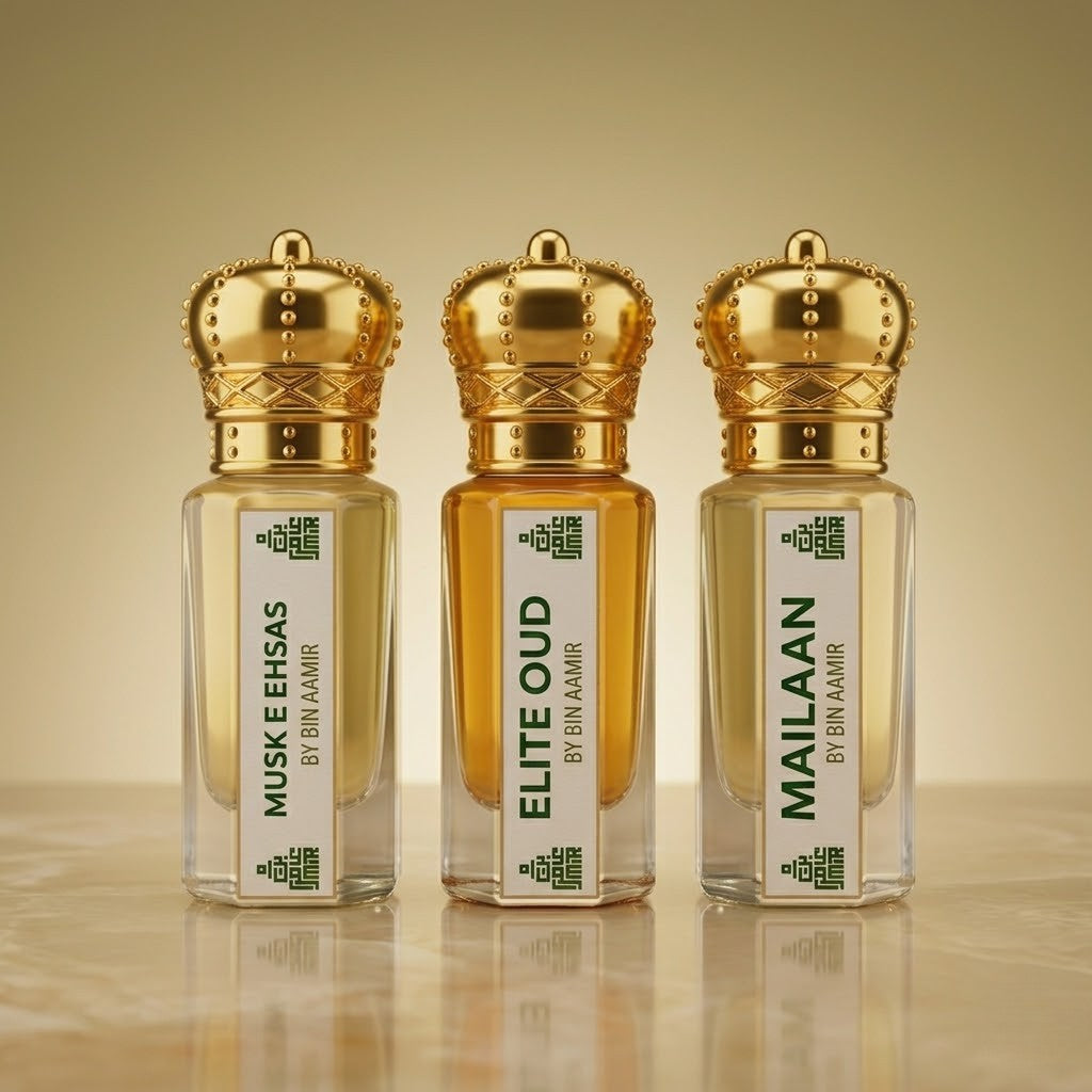 Premium 6ml attar trio bundle: Elite Oud, Musk E Ehsas, and Mailaan fragrances.