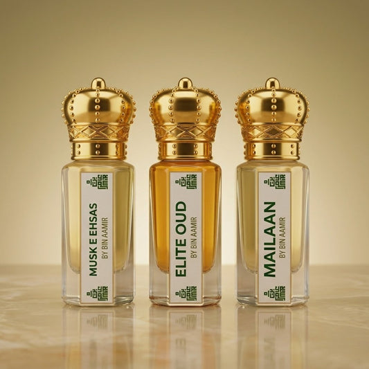 Premium 6ml attar trio bundle: Elite Oud, Musk E Ehsas, and Mailaan fragrances.