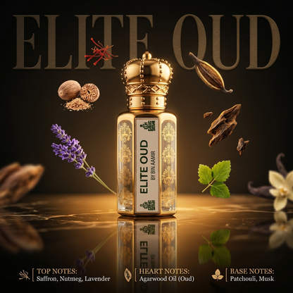 Elite Oud premium 12ml fragrance for men, luxurious and long-lasting attar scent.