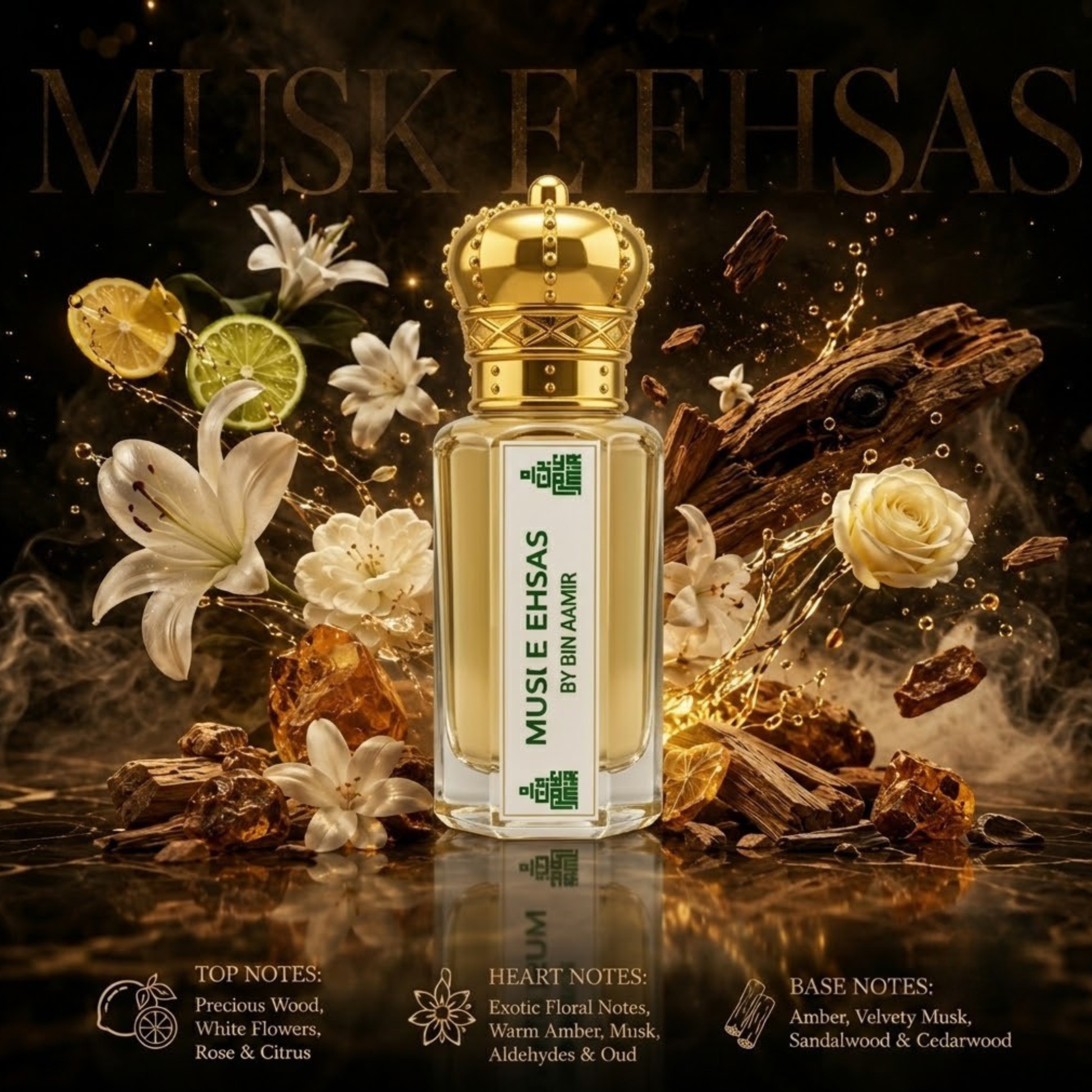Musk E Ehsas 6ml premium unisex attar, concentrated traditional luxury fragrance bottle.